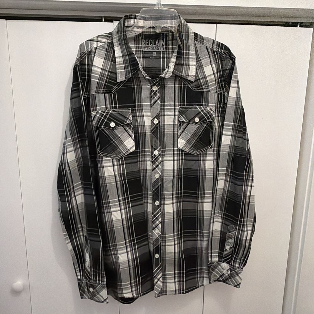 RECLAIM Black/White Long Sleeve Button Up Plaid Shirt Men Sz XL Buckle Store NEW